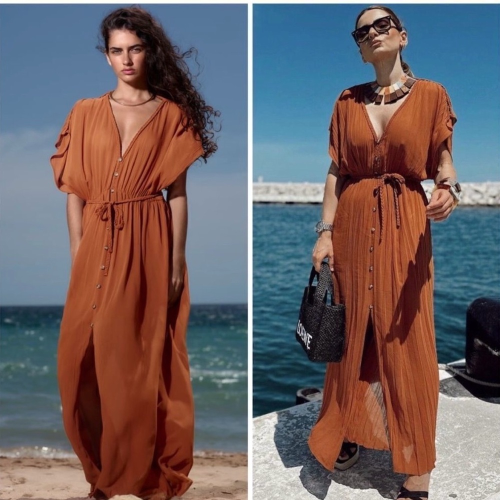Zara Rust Orange Maxi Dress with Button Detail
